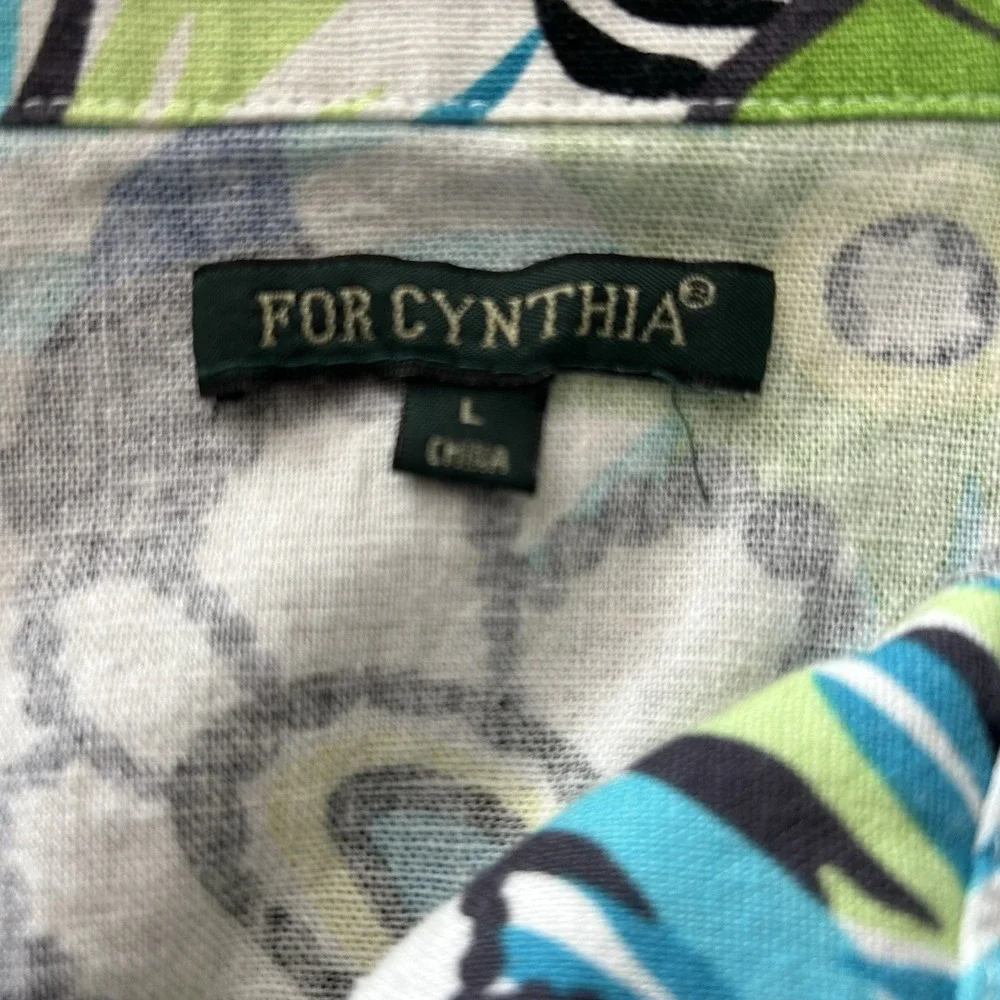 For Cynthia Linen Blend Floral Print Button Down Top Roll Tab Cuff Tunic Size L‎
